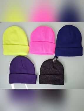 Lot of 5 Neon Knit Beanies Minky Accessories Cuffed Winter Hat